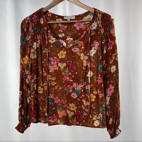 Cupcakes and Cashmere Floral Peasant Top in Brown Size Medium‎ - Picture 1 of 5